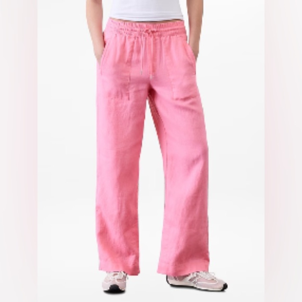 Athleta Retreat Linen High Rise Wide Leg Pant Pink Medium Tall